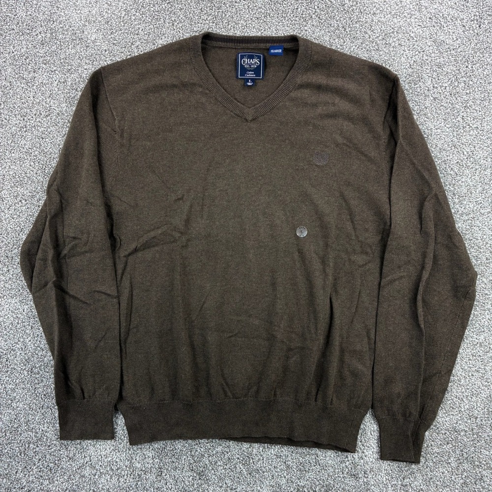 NWOT Chaps Sweater Mens Large Brown V-Neck Cotton Cashmere Blend Logo Pullover